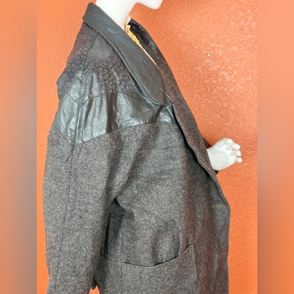 David Bengamin Vintage Wool Leather Black Long Trench Coat Shoulder Pads Size 7 - Picture 8 of 17